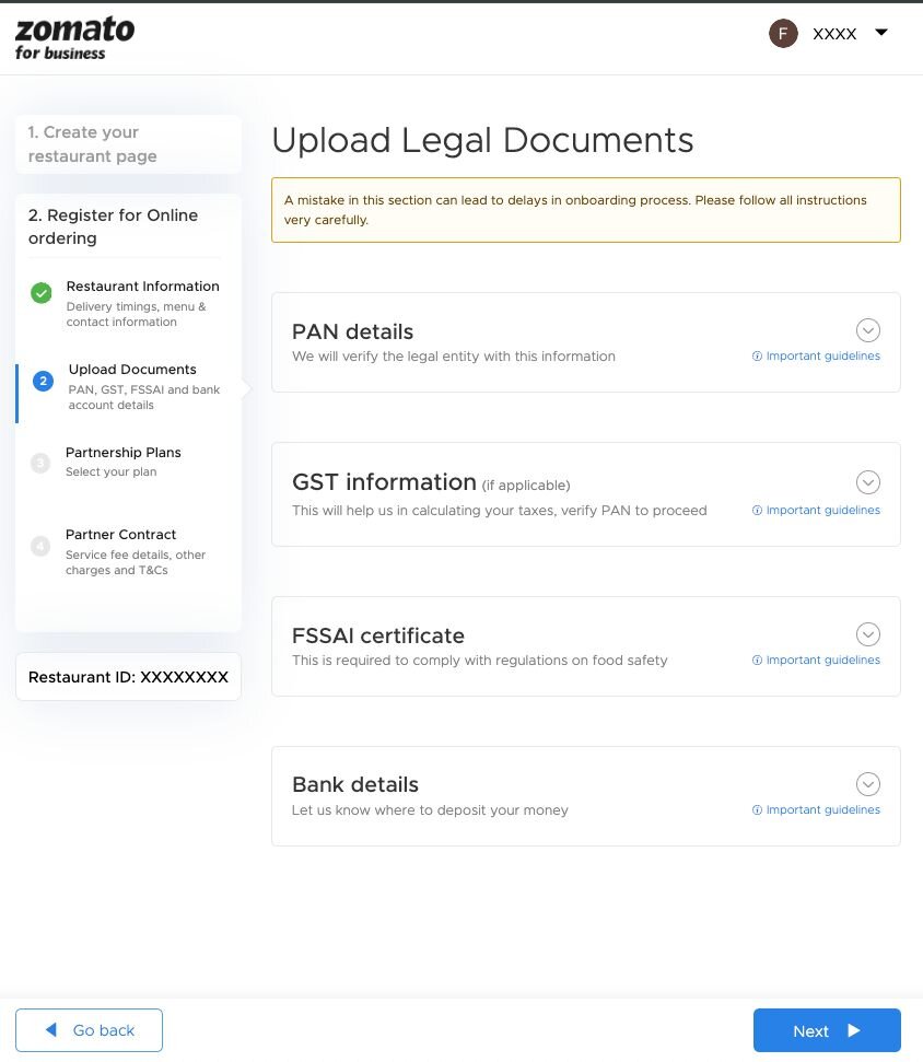 Zomato Registration - Upload Legal Documents Step 3