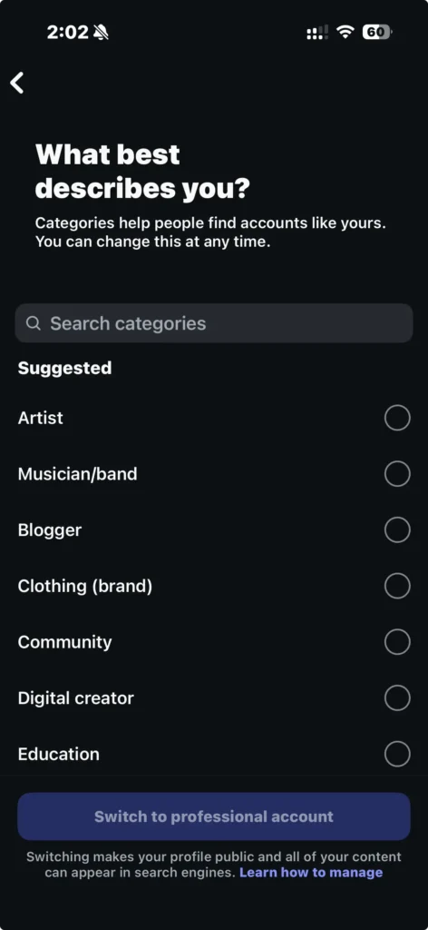 Instagram Creator Account - Pick Creator Type